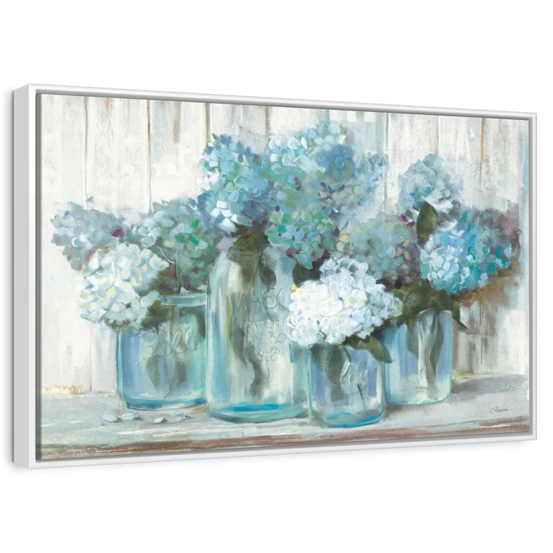 Hortensias en pots de verre bleus, 40 po x 27 po, Cadre flottant blanc