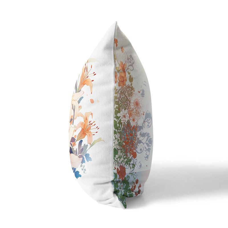18" White and Orange Floral Faux Suede Throw Pillow