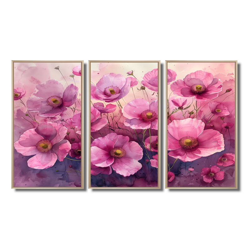 Champs de fleurs de bouton d'or rose "Fields de fleurs de bouton d'or rose" - 3 pièces, H 28 po x l 36 po