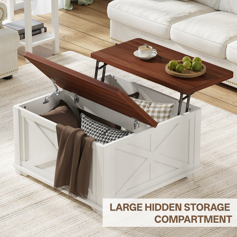 Farmhouse Coffee Table With Hydraulic Lifter, Square Coffee Table With Large Hidden Storage Compartment For Living Room, Wooden Coffee Tables With Brown Flip-Top Lids For Home Office