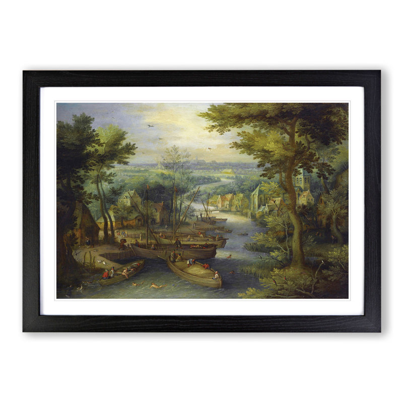 River Landscape by Pieter Bruegel the Elder - Picture Frame Painting, 48cm H x 65cm W x 2cm D, Black Framed