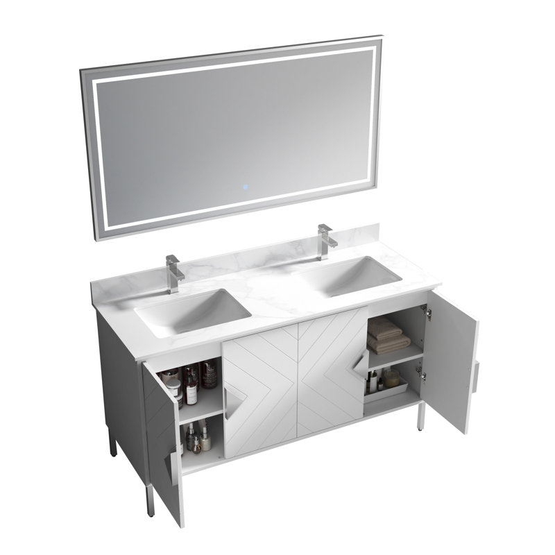 Tennant Brand 60 Inch Modern Freestanding White Eileen Bathroom Vanity, Double Sink, White Quartz Top, Fully Assembled