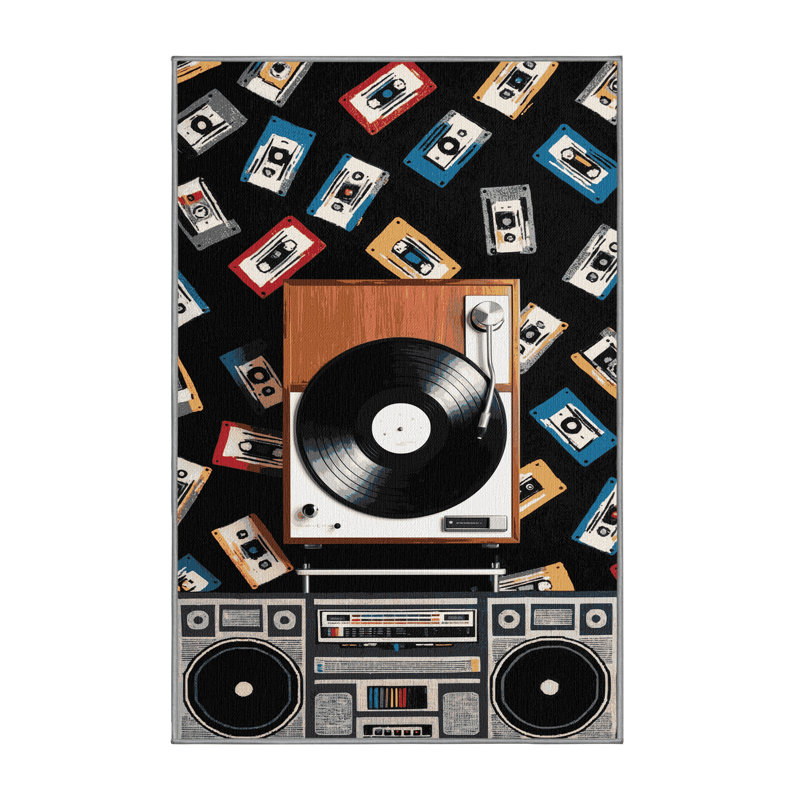  Washable Record Player and Cassette Tapes Music Area Rug, Rectangle 2' x 3'