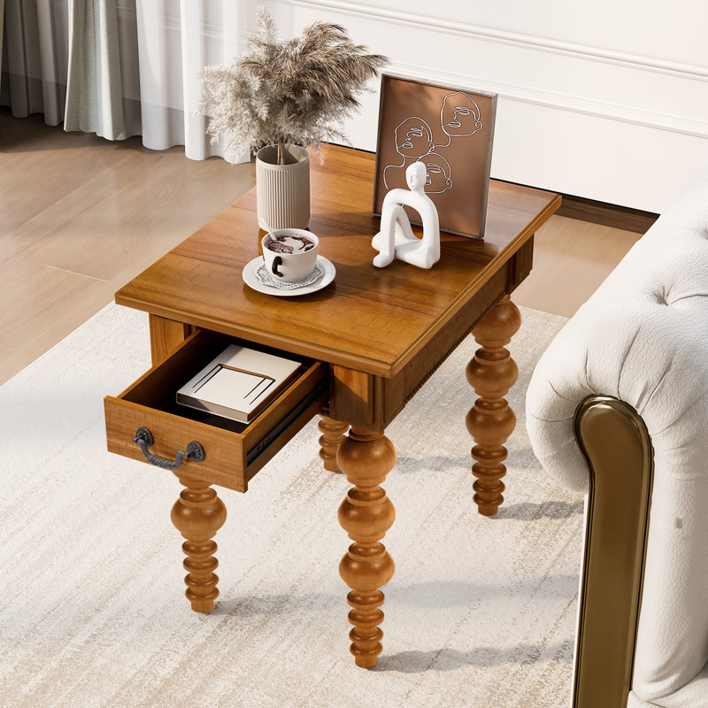 Table de bout étroite en bois massif avec tiroir, table d'appoint de canapé rétro pour le salon, assemblage facile, finition naturelle