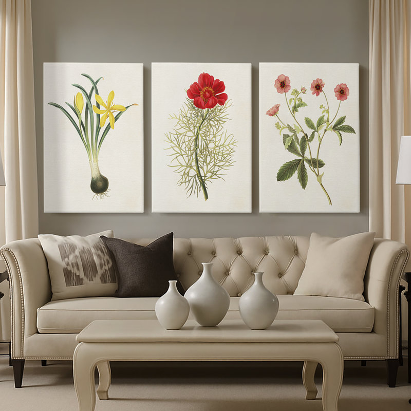 Fleurs des saisons VI - Toile tendue avec châssis sur mesure - 3 pièces, H 36 po x l 72 po