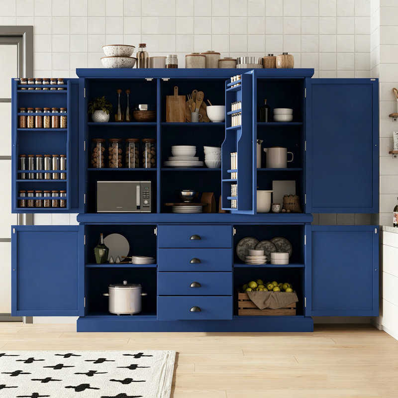 Garde-manger autoportant en bois avec tiroirs, tablettes de porte et tablettes réglables, Bleu