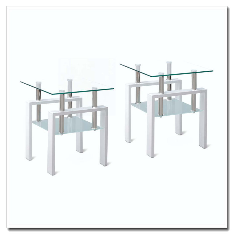 Table de bout en verre trempé transparent, petite table avec rangement 2 couches