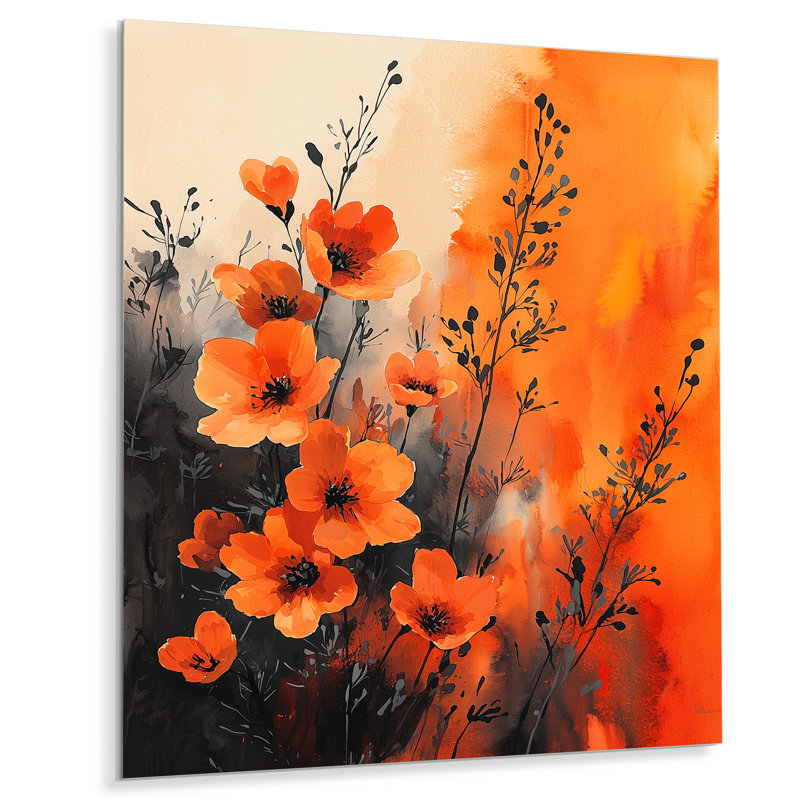«Burning Wildflowers In Orange Expressionism II» - Art mural en métal fleurs sauvages, H 20 po x l 12 po