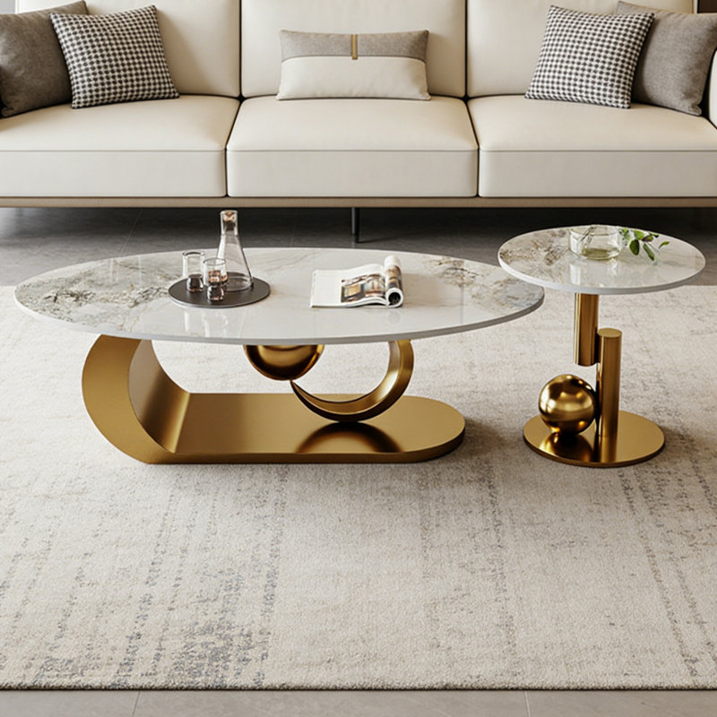 Ensemble de tables basses Modern, H 15,75 po x L 51,18 po x l 27,56 po, Blanc / Gris, Or