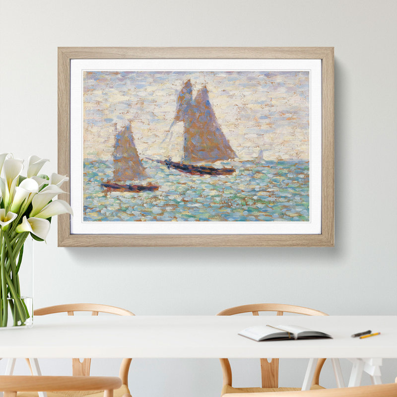 Two Sailboats at Grandcamp by Georges Seurat - Picture Frame Painting, 65cm H x 90cm W x 2cm D, Oak