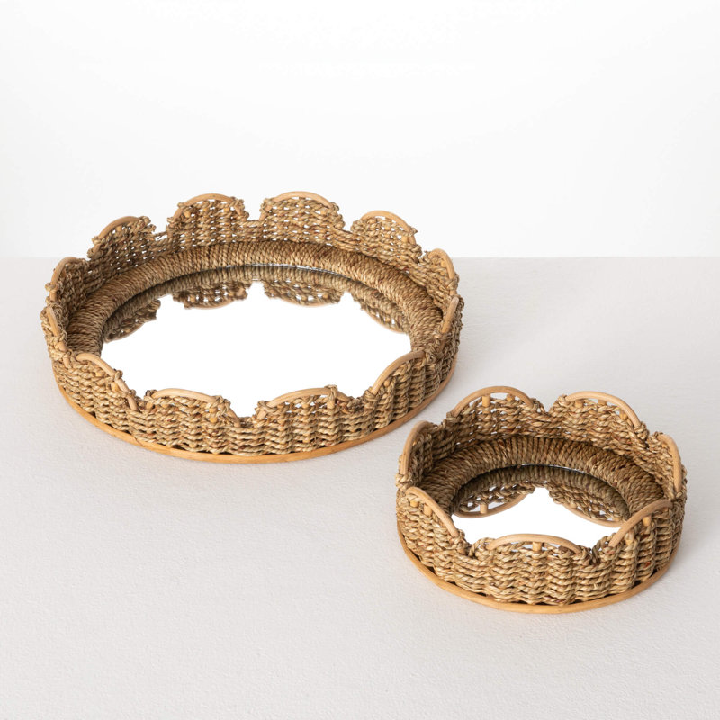 Mirrored Woven Table Tray Set of 2, 3.25"H & 3"H; Brown
