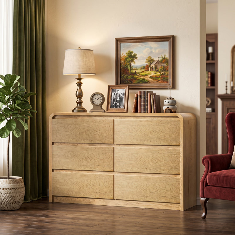 Commode moderne naturelle à 6 tiroirs avec profil incurvé et rangement à glissières silencieuses, Naturel