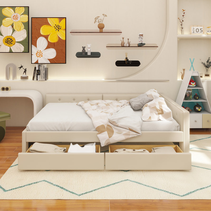 Lit plateforme tapissier double avec USB et 2 tiroirs, beige, Complet/Double