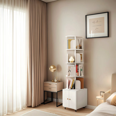 Rotating Bookshelf, 360 Degree Display 5 Tier Corner Bookshelf With Drawer For Small Space, Floor Standing Bookcase Storage Rack, Wood Narrow Organizer