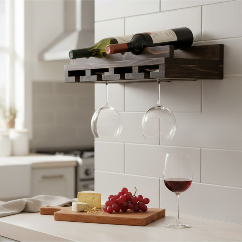 Support à vin mural avec porte-verre Rustic Luxe, Brun