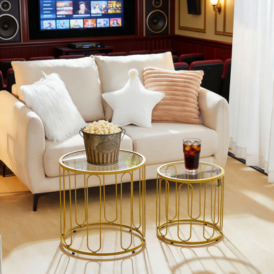 Set Of 2 Round Nesting Coffee Tables With Tempered Glass Tops And Gold Metal Frame, Modern Accent Side Tables For Living Room Or Bedroom