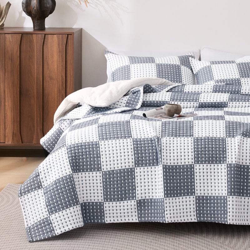 Sleep Zone Twin/Twin XL Size Cotton Jacquard Quilt Set 2 Pieces for All Season 68 x 86 Navy Blue Plaid, Navy Blue Plaid