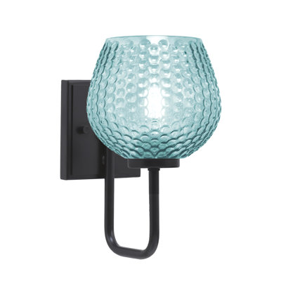 Applique murale 1 lumière Amarmula, finition noir mat, verre texturé turquoise 6 po