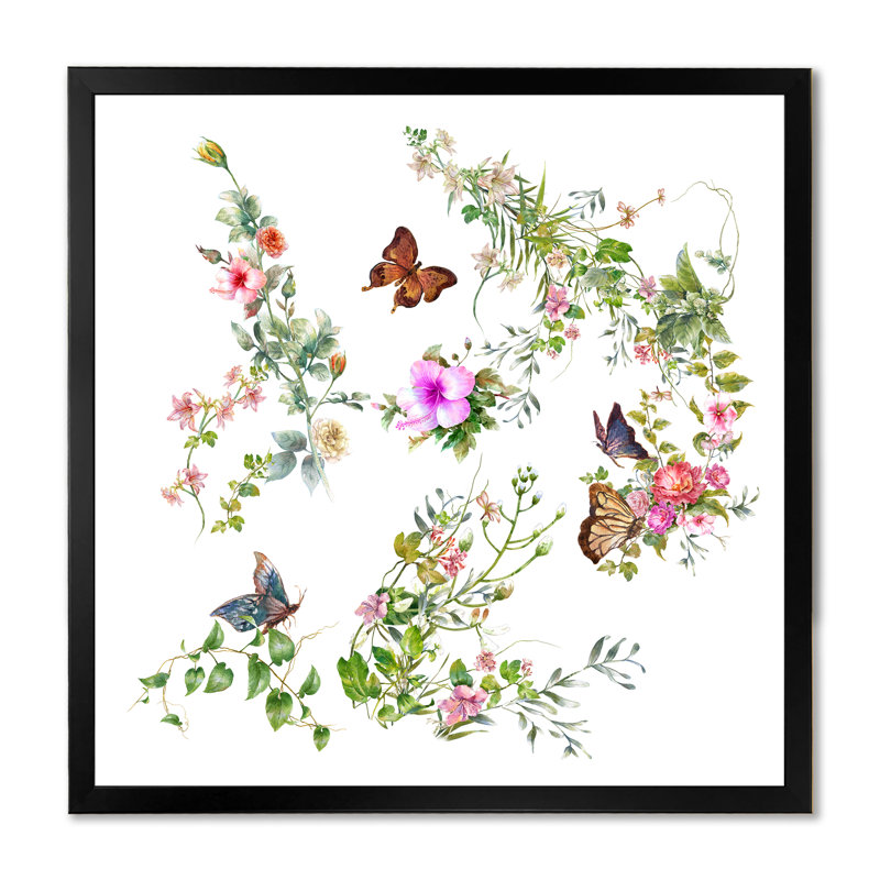 «Butterfly On Botanical Bouquet», reproduction d'art sur toile, H 16 po x l 16 po x P 1 po, Cadre noir
