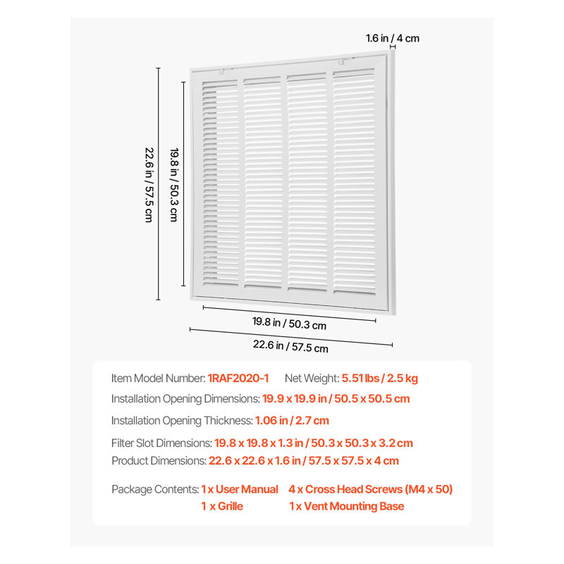 Grille de filtre à air blanche à retour d'air 20 x 20 - Couvercle de ventilation CVC en acier durable avec conception à ouverture facile pour le plafond et le mur