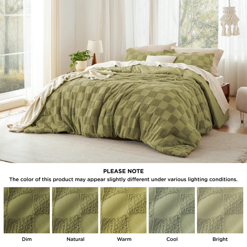 Bedsure Boho Tufted Checkered Farmhouse Comforter Set, Olive Green, Queen Comforter + 2 Standard Shams