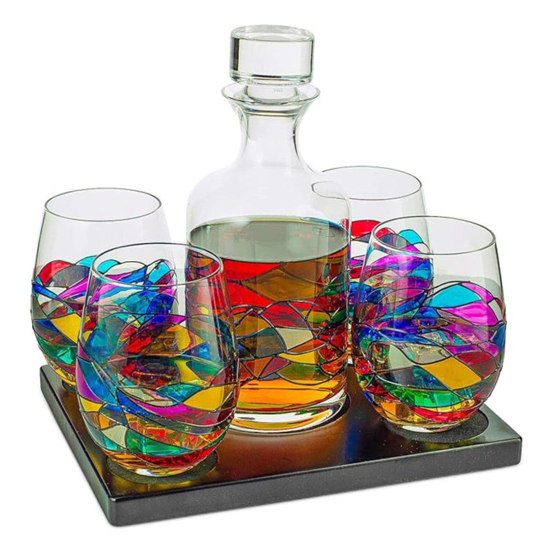 Artisanal Hand-Painted Multicolor Glass Decanter Set with Wooden Base