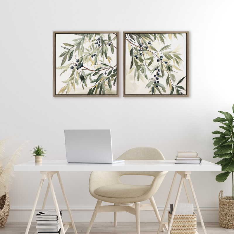 Olive Branches in Pastel 2pc Floating Frame Set, design by Mona Grace, 18" H x 18" W, Montalcino Elm Floater Frame