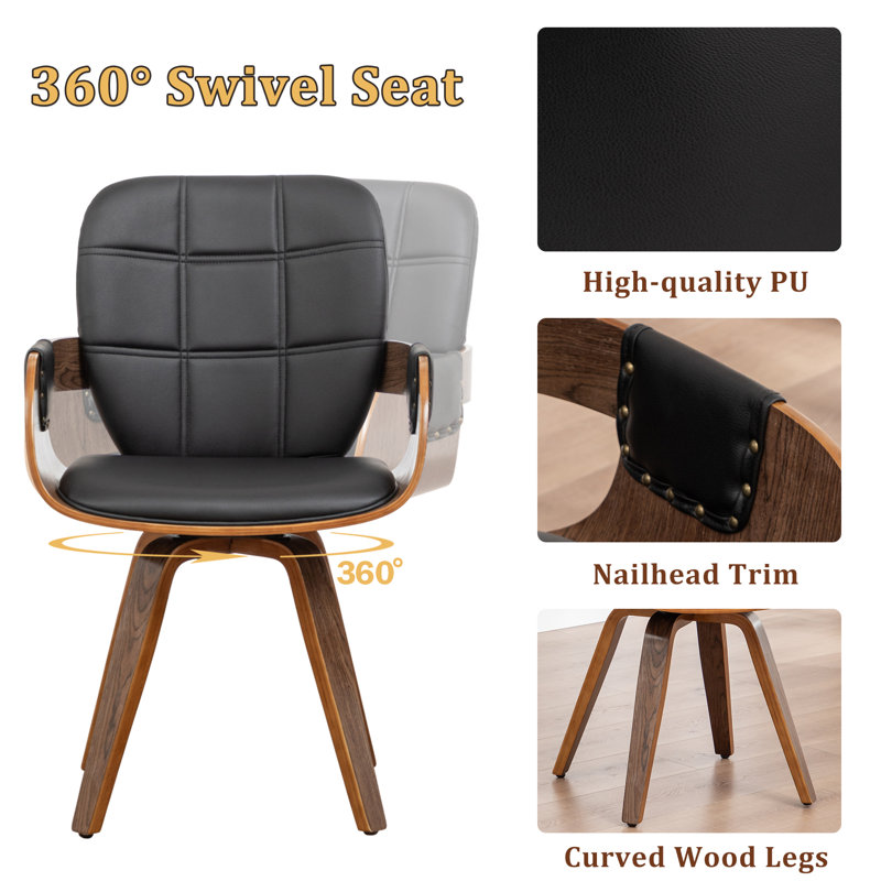 Braiden Set of 2 Swivel Faux Leather Bentwood Dining Chair, Black