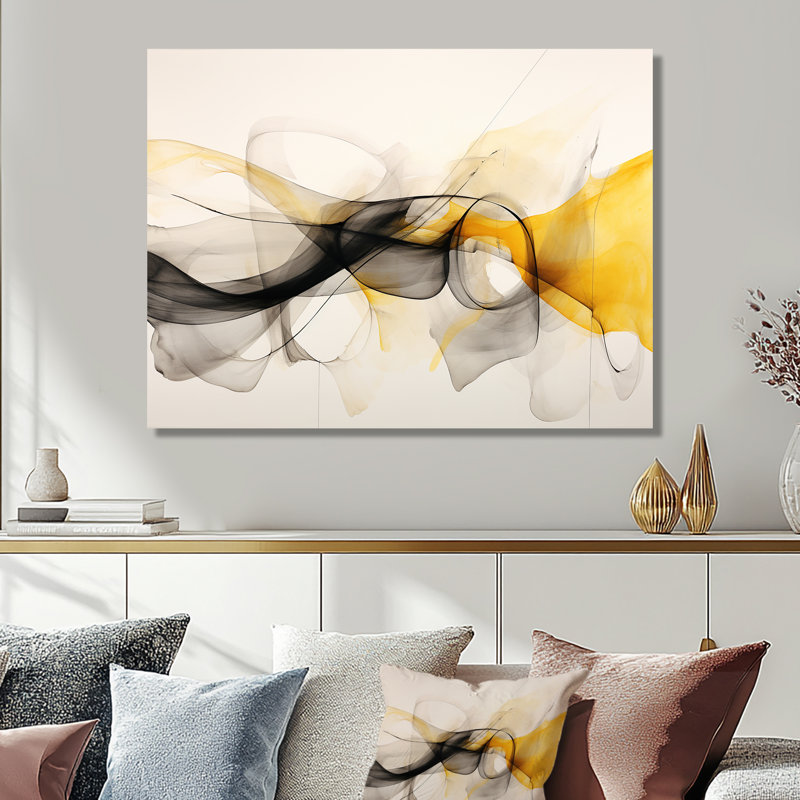 Mariage de noir et jaune - art mural abstrait à l'encre liquide, Métal métal, H 34 po x l 44 po