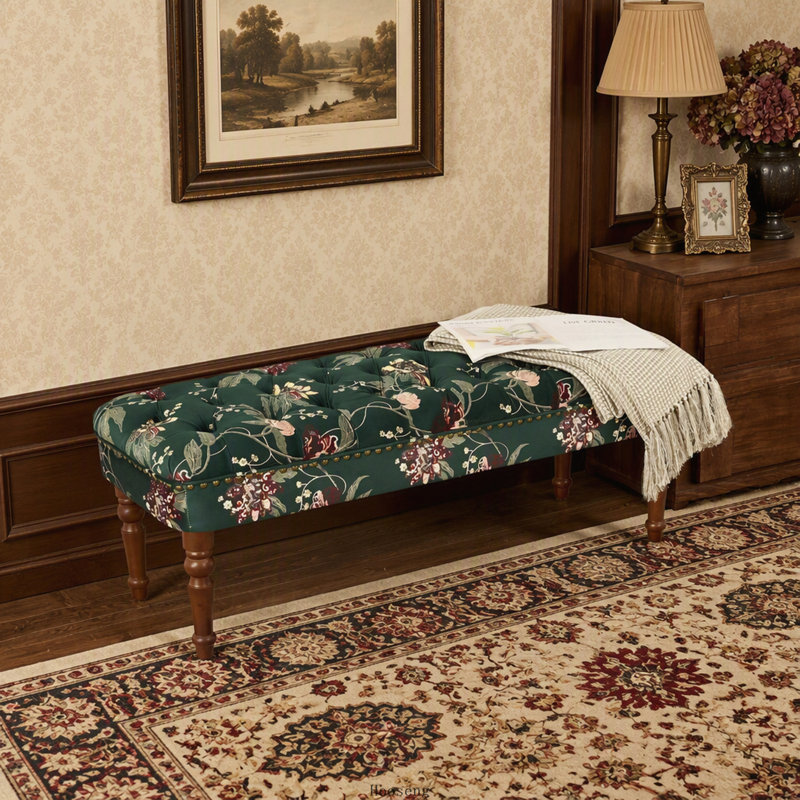 Banc capitonné à motifs floraux avec pieds en bois tourné, pouf rembourré, vert, Tissu vert