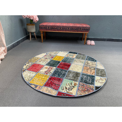 Modern Beige Wool Patchwork Accent Rug, 48x47.2 Inch Rug