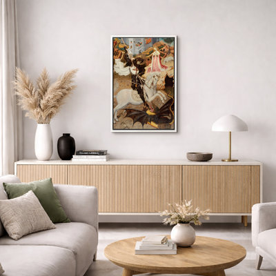 Saint George Slaying the Dragon Medieval Christian Artwork, Gothic Knight Legend Pictures, Framed Canvas Giclee Print Wall Art