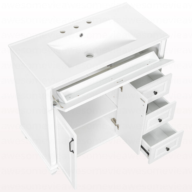 Meuble-lavabo de 36 po avec lavabo, armoire de salle de bain en bois massif blanc avec tiroir rabattable, 3 tiroirs et 2 portes, conception élégante avec poignées en métal noir, meuble-lavabo moderne en bois aggloméré pour le rangement de la salle de bain
