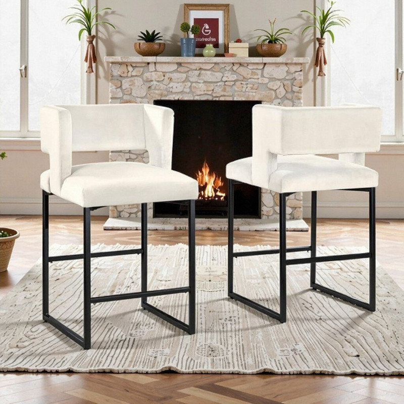 Ensemble de 2 tabourets de comptoir en velours avec pieds en acier inoxydable, hauteur de comptoir 27 po, Crème