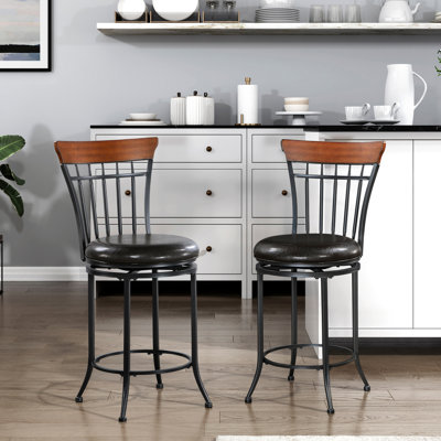 Swivel Dining Chair In Pub Height, Black Metal, Brown Faux Leather Upholstery, 250lbs Weight Bearing Capacity 360° Bar Chair, Capacity, Room Furnishing Item