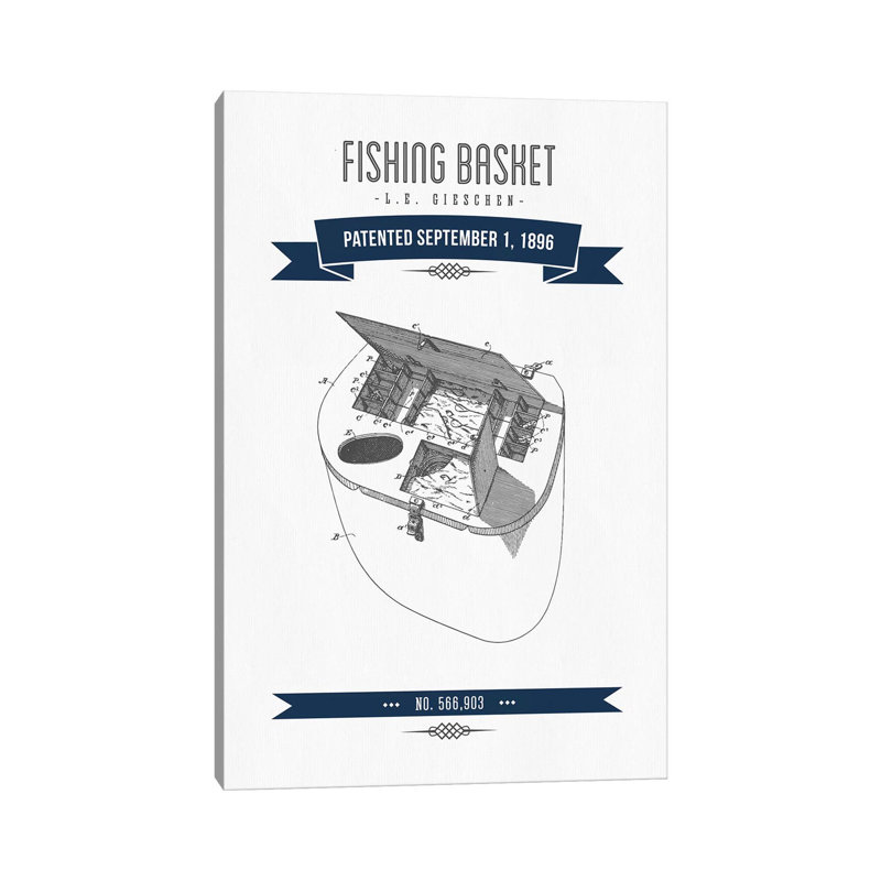 L.E. Gieshen Fishing Basket Patent Sketch Retro (Navy Blue) by Aged Pixel - Wrapped Canvas Print