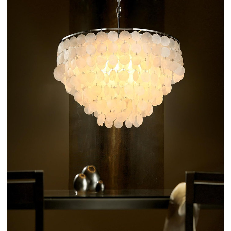 Modern Capiz Shell Chandelier With Adjustable Height, 5-Light Coastal Ceiling Fixture For Living Room, Hallway, Or Foyer