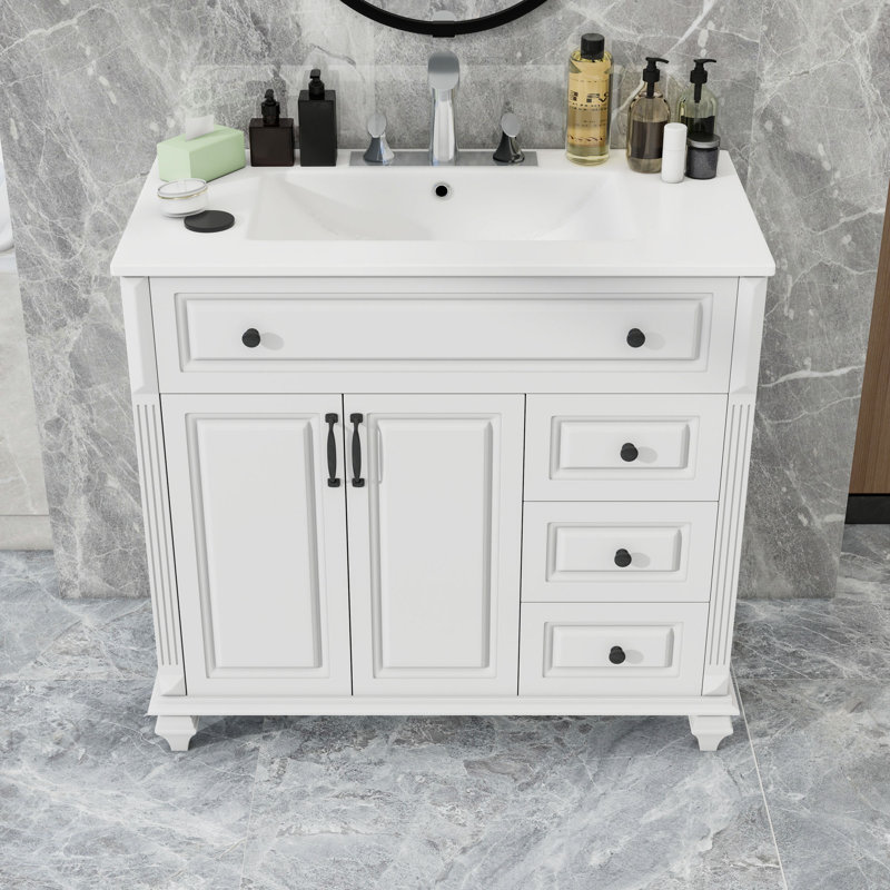 Meuble-lavabo 36 po avec lavabo en céramique, tiroir rabattable et portes, Blanc