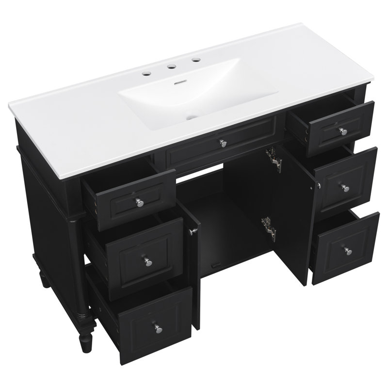 Meuble-lavabo autoportant de style vintage de 47,8 pouces avec lavabo et 6 tiroirs