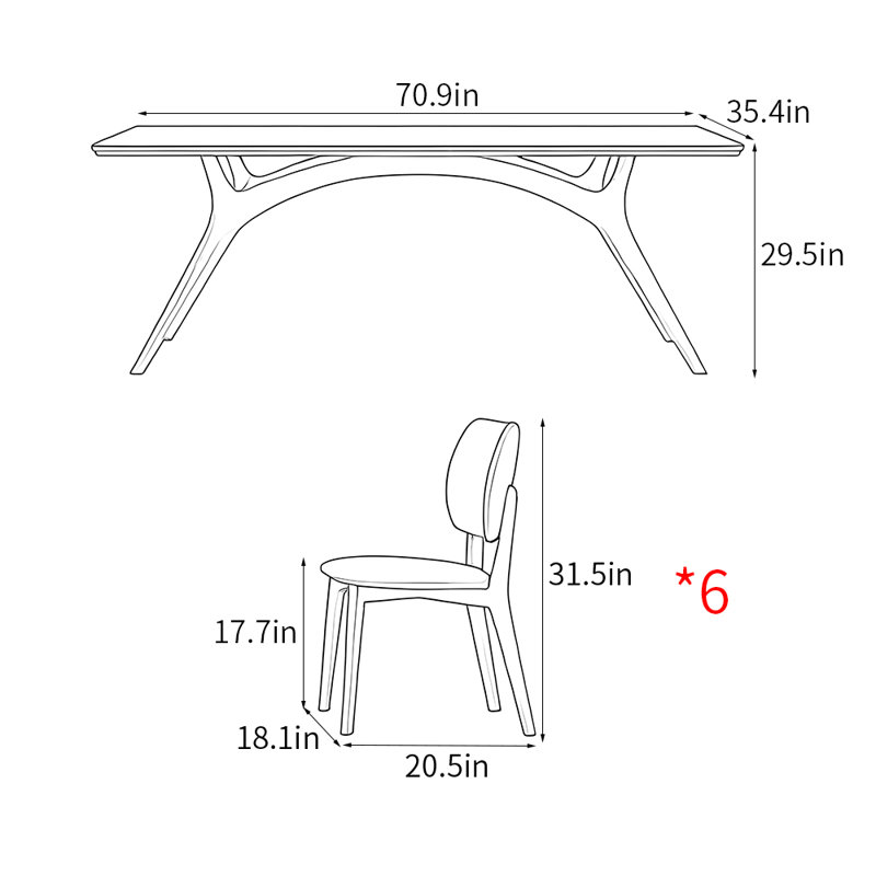 Modern simple home rectangular dining table sets, 29.5"H x 70.9"L x 35.4"W