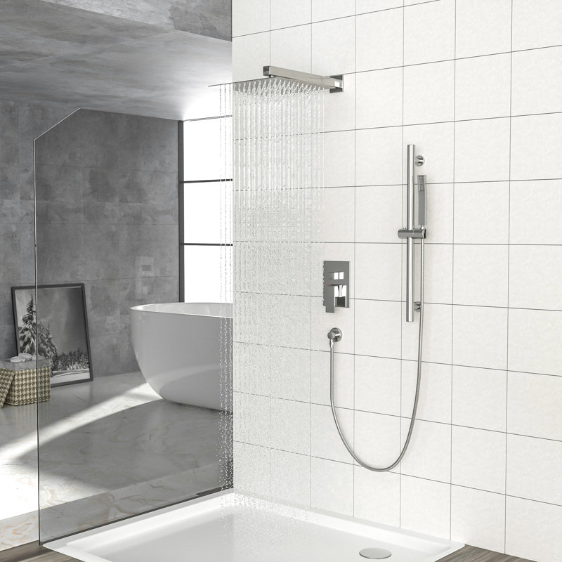 Wall Mounted Shower System, 10 Inch Square Rainfall Head, 26.18 Adjustable Slide Bar, Dual Function, Easy To Clean Nozzle, Brushed Nickel Installation, Finish