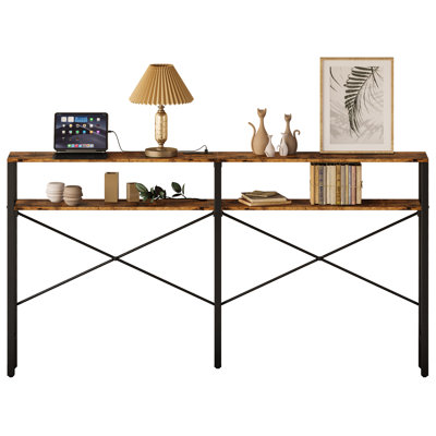 Yveth 70.8'' Modern Console Table - 2 Layers, Power Outlets, Solid Wood/Marble Top (Rectangle/Half-Moon)