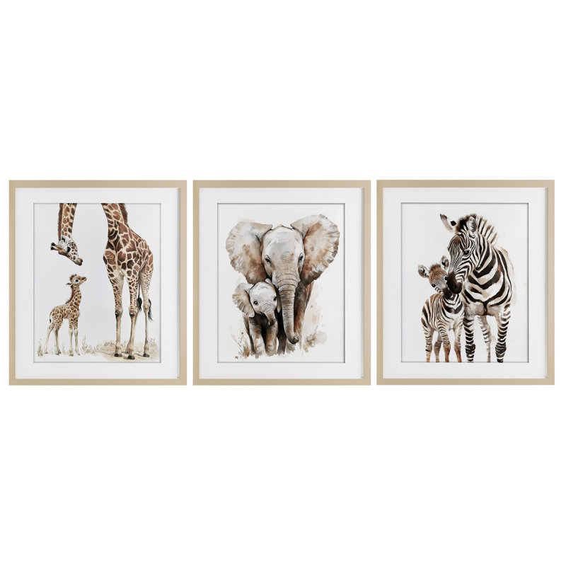 Jungle Animal Babies with Mothers, ensemble de 3 reproductions encadrées sous verre, par Ramona Murdock, H 21 po x l 51 po