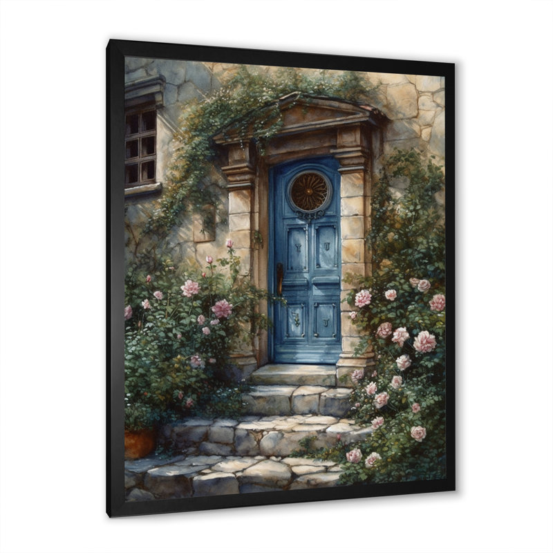 Porte de jardin bleue et verte Rodre sur impression sur toile, H 20 po x l 12 po x P 1 po, Cadre photo noir