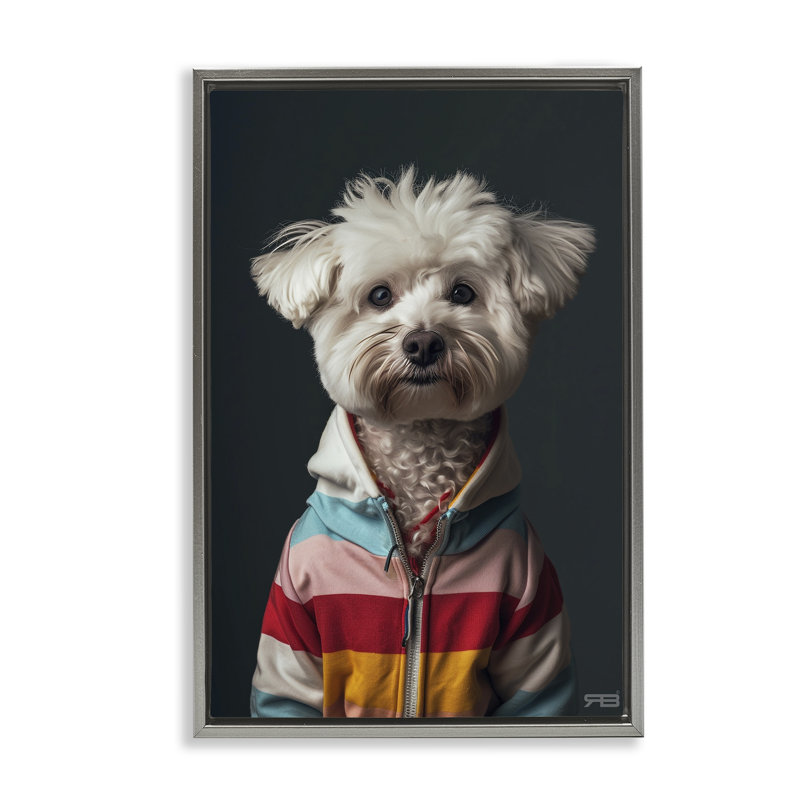 Chien terrier avec toile coupe-vent par Roozbeh Bahramali, H 25 po x l 17 po, Cadre flottant gris lustré