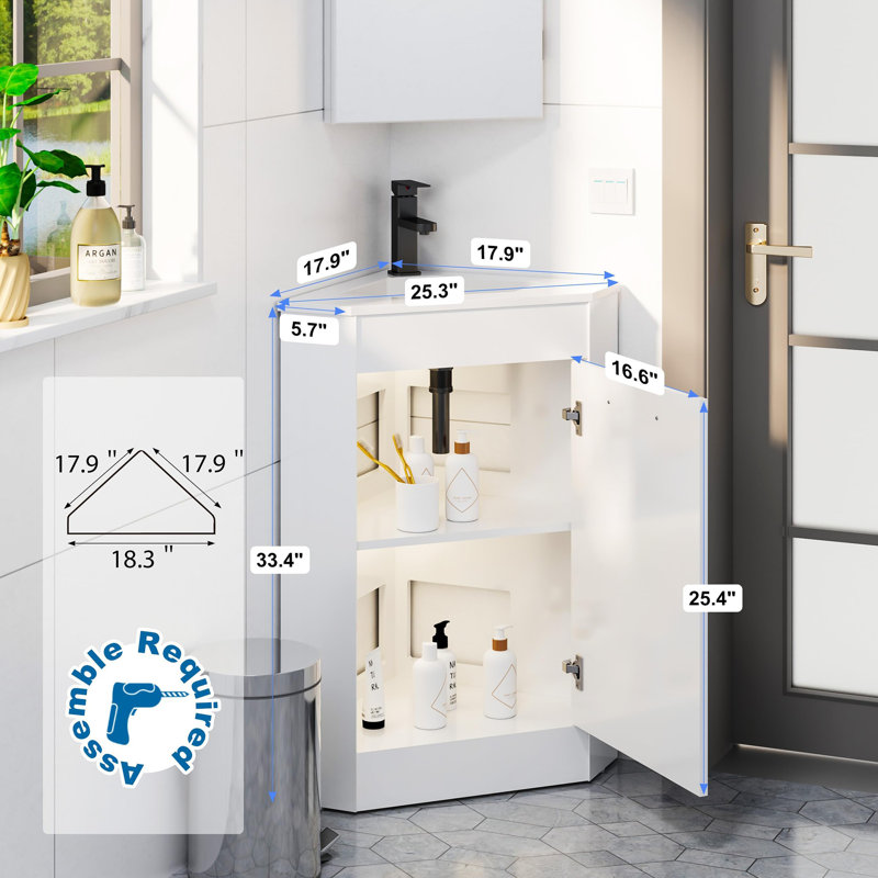 Ensemble de meuble-lavabo de coin 26 po pour meuble-lavabo autoportant avec lavabo en résine blanche, Blanc