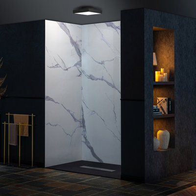 WOODBRIDGE 3-Piece Solid Surface Tile Tub And Shower Wall Panel Surround Kit In High Gloss White, Quick Install And Trimmable.