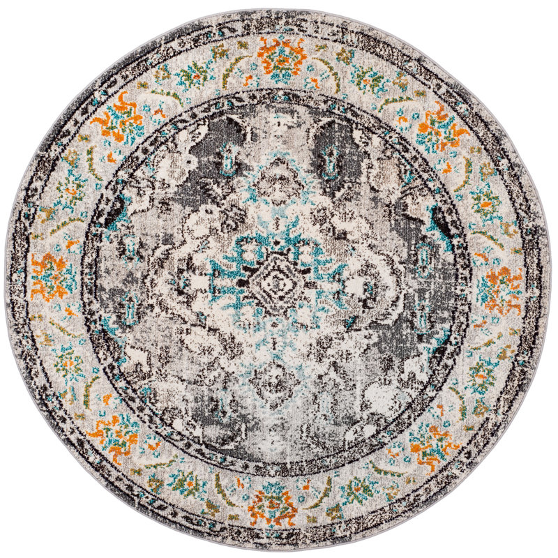 Almyra Oriental Area Rug, Round 9', Grey/Light Blue