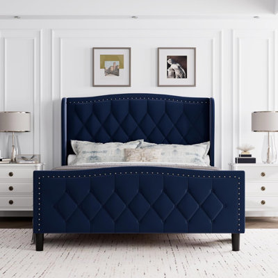 Upholstered Queen Bed Frame, Velvet Upholstery, Wingback Headboard, Wood Slat Support, No Box Spring Required, Modern Bedroom Use