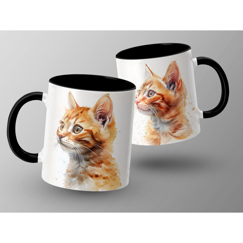 Cat Design 11oz Accent Mug – White Ceramic Coffee Cup with Colored Handle and Interior, 2, Black